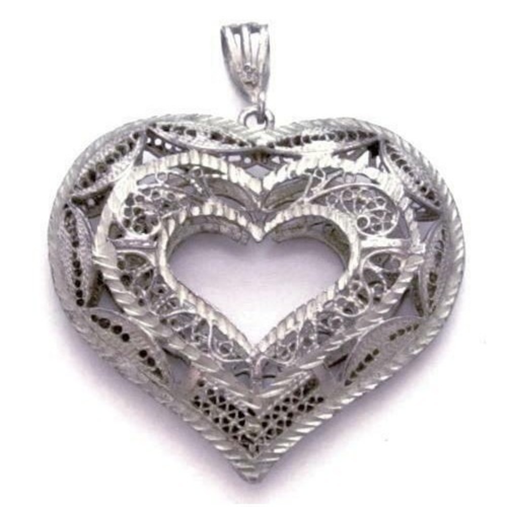 Vintage Old Large Filigree Open Heart‎ Sterling Silver Necklace Pendant